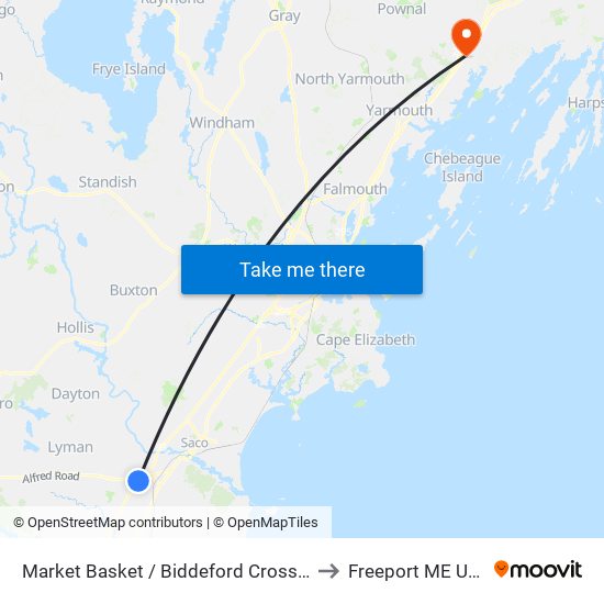 Market Basket / Biddeford Crossing to Freeport ME USA map