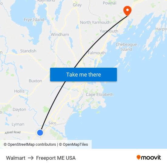 Walmart to Freeport ME USA map