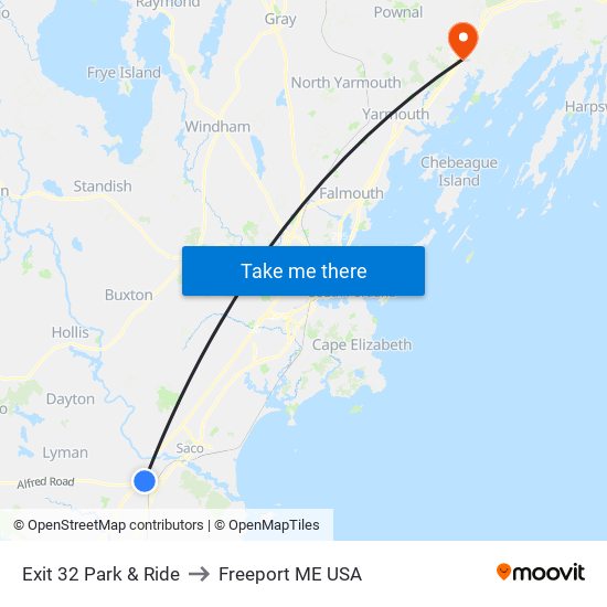 Exit 32 Park & Ride to Freeport ME USA map