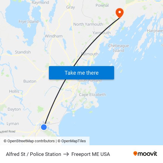 Alfred St / Police Station to Freeport ME USA map