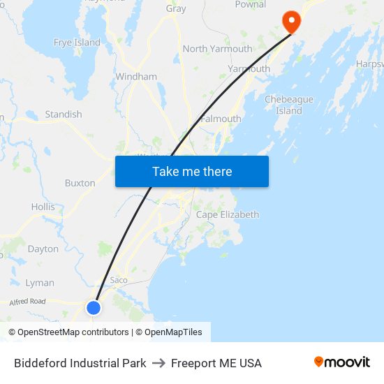 Biddeford Industrial Park to Freeport ME USA map