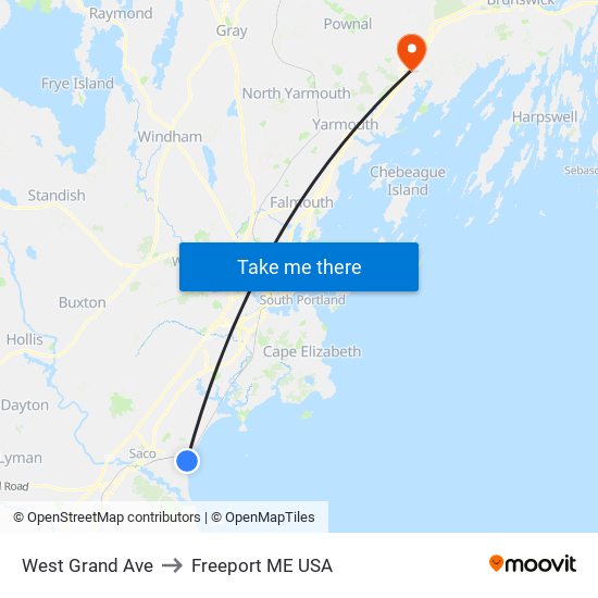 West Grand Ave to Freeport ME USA map