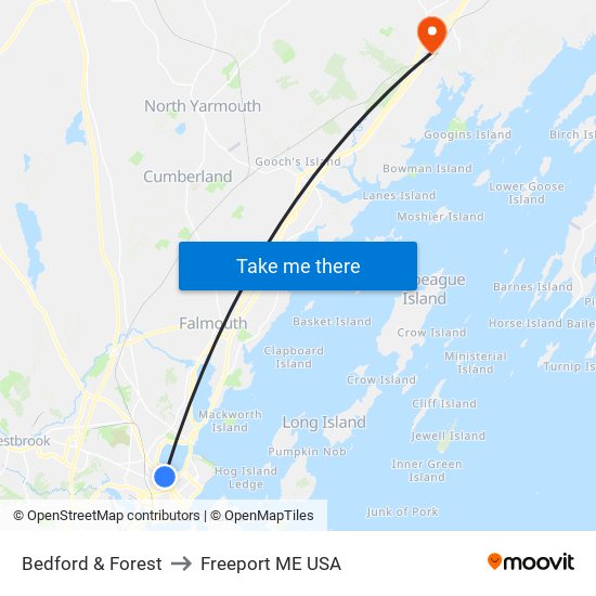 Bedford & Forest to Freeport ME USA map