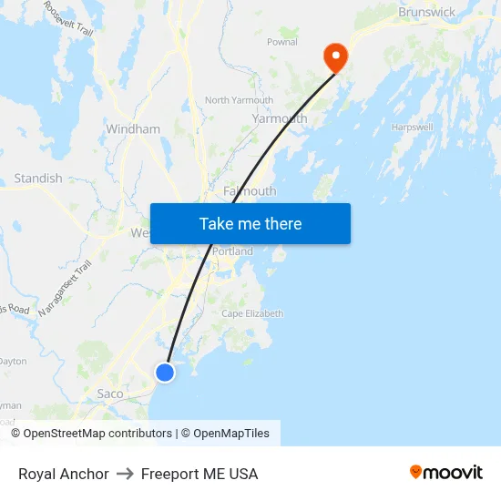 Royal Anchor to Freeport ME USA map