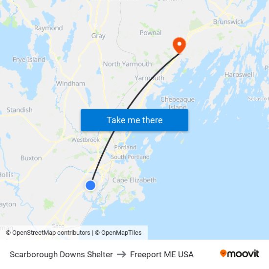 Scarborough Downs Shelter to Freeport ME USA map