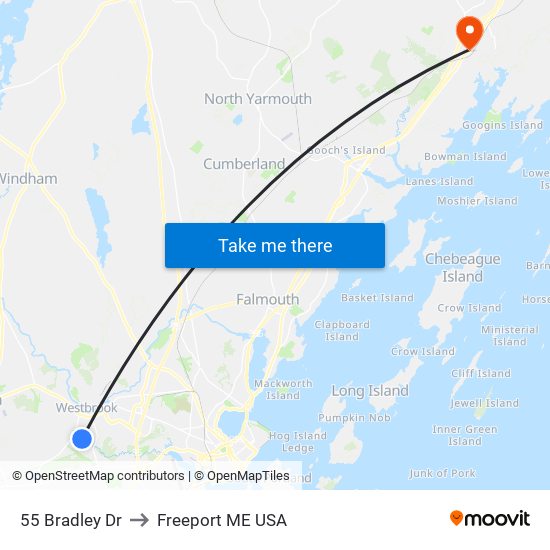 55 Bradley Dr to Freeport ME USA map