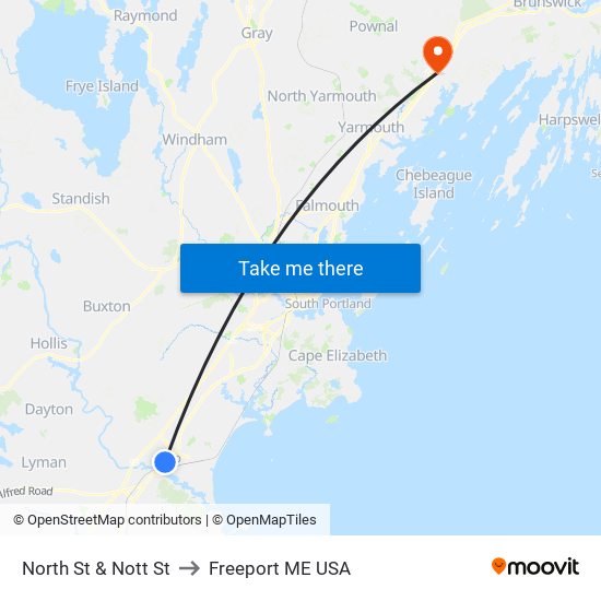 North St & Nott St to Freeport ME USA map