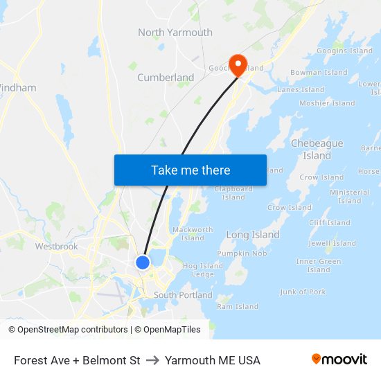 Forest Ave + Belmont St to Yarmouth ME USA map