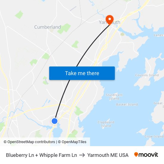 Blueberry Ln + Whipple Farm Ln to Yarmouth ME USA map