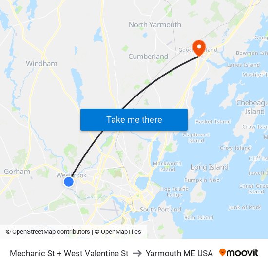 Mechanic St + West Valentine St to Yarmouth ME USA map
