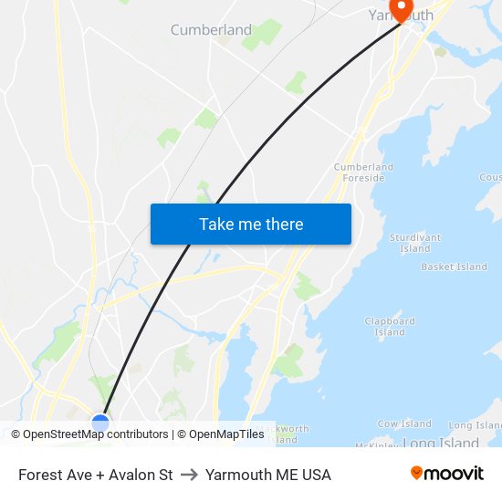 Forest Ave + Avalon St to Yarmouth ME USA map