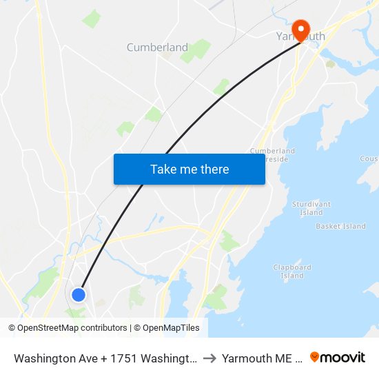 Washington Ave + 1751 Washington Ave to Yarmouth ME USA map