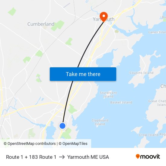 Route 1 + 183 Route 1 to Yarmouth ME USA map