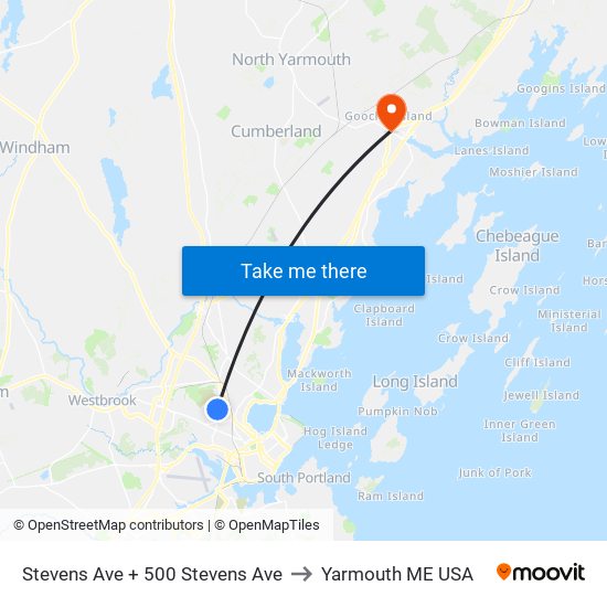 Stevens Ave + 500 Stevens Ave to Yarmouth ME USA map
