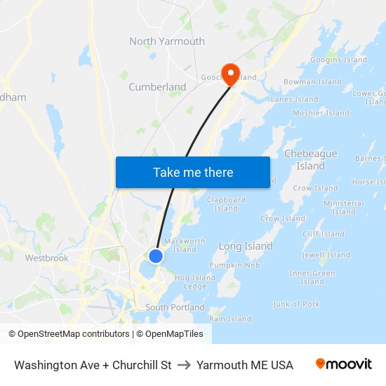 Washington Ave + Churchill St to Yarmouth ME USA map