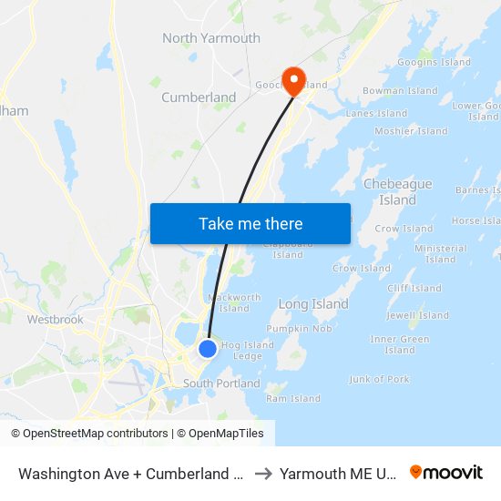Washington Ave + Congress St to Yarmouth ME USA map