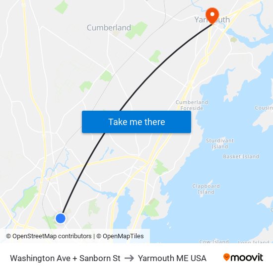 Washington Ave + Sanborn St to Yarmouth ME USA map