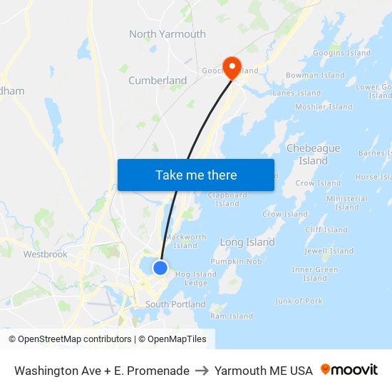 Washington Ave + E. Promenade to Yarmouth ME USA map