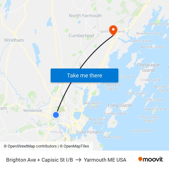 Brighton Ave + Capisic St I/B to Yarmouth ME USA map