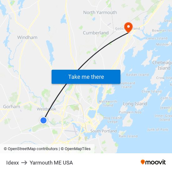 Idexx to Yarmouth ME USA map