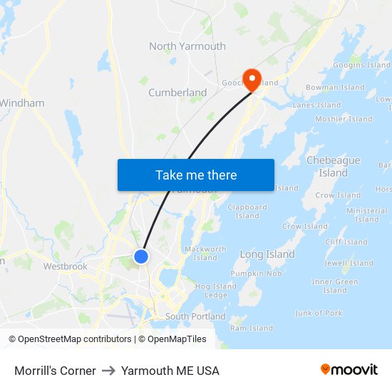 Morrill's Corner to Yarmouth ME USA map