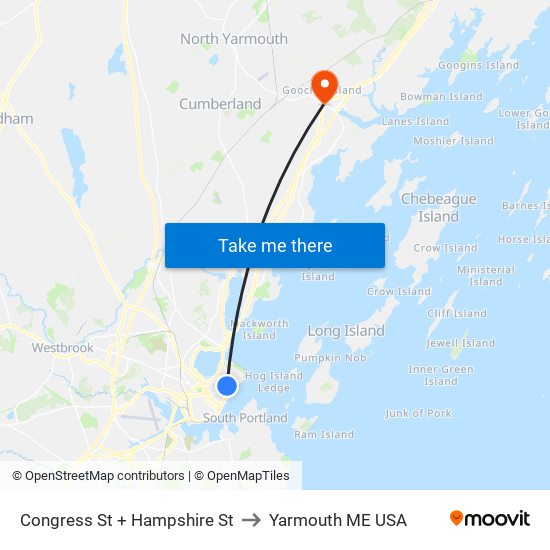 Congress St + Hampshire St to Yarmouth ME USA map