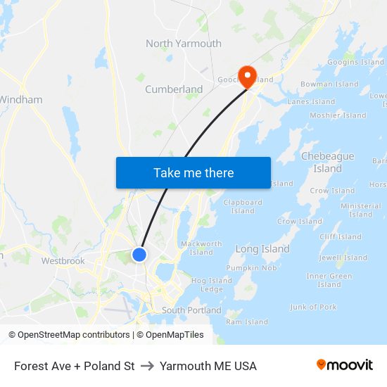 Forest Ave + Poland St to Yarmouth ME USA map