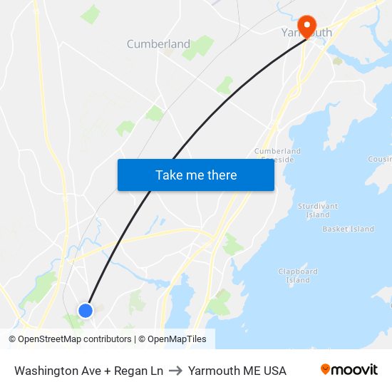 Washington Ave + Regan Ln to Yarmouth ME USA map