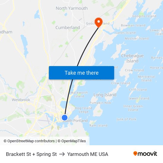 Brackett St + Spring St to Yarmouth ME USA map