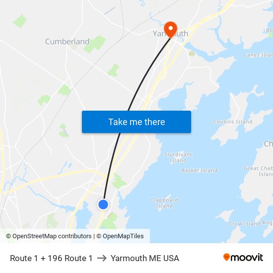 Route 1 + 196 Route 1 to Yarmouth ME USA map