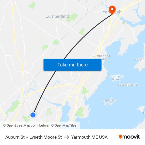 Auburn St + Lyseth Moore St to Yarmouth ME USA map