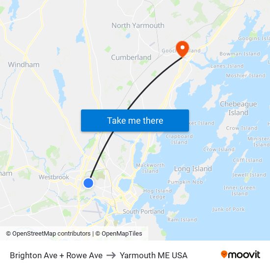 Brighton Ave + Rowe Ave to Yarmouth ME USA map