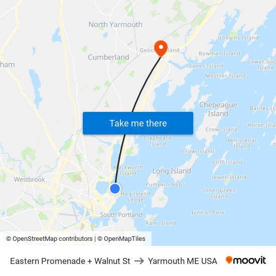Eastern Promenade + Walnut St to Yarmouth ME USA map