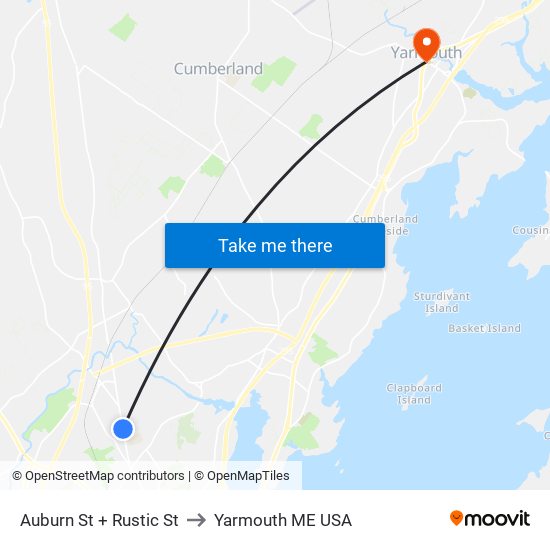 Auburn St + Rustic St to Yarmouth ME USA map