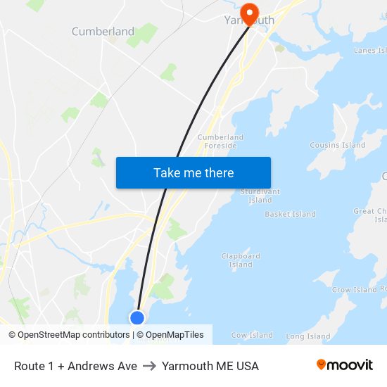 Route 1 + Andrews Ave to Yarmouth ME USA map