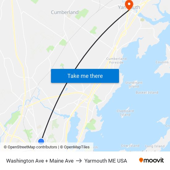 Washington Ave + Maine Ave to Yarmouth ME USA map