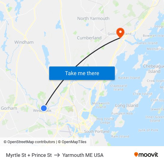 Myrtle St + Prince St to Yarmouth ME USA map
