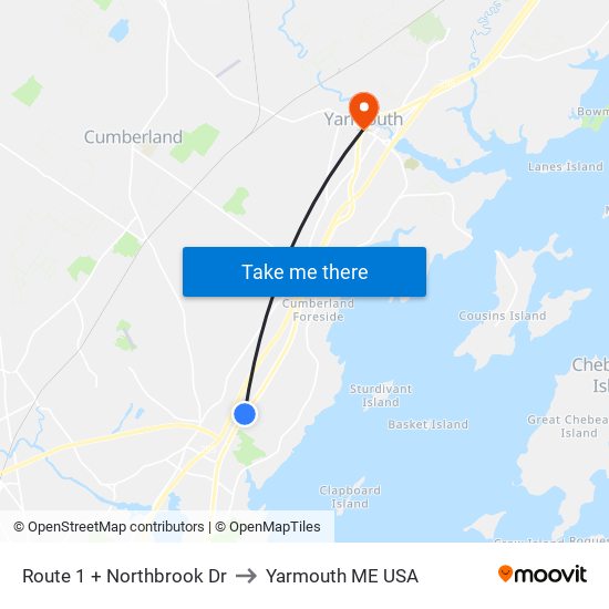 Route 1 + Northbrook Dr to Yarmouth ME USA map