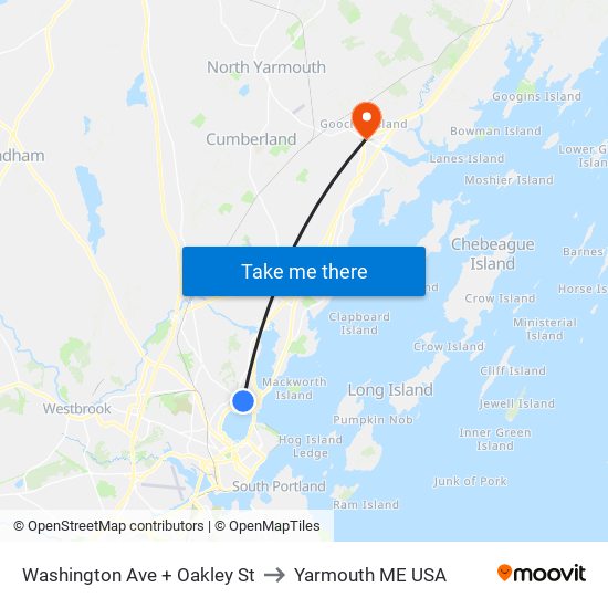 Washington Ave + Oakley St to Yarmouth ME USA map