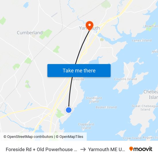 Foreside Rd + Old Powerhouse Rd to Yarmouth ME USA map