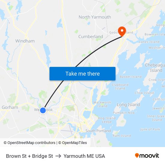 Brown St + Bridge St to Yarmouth ME USA map