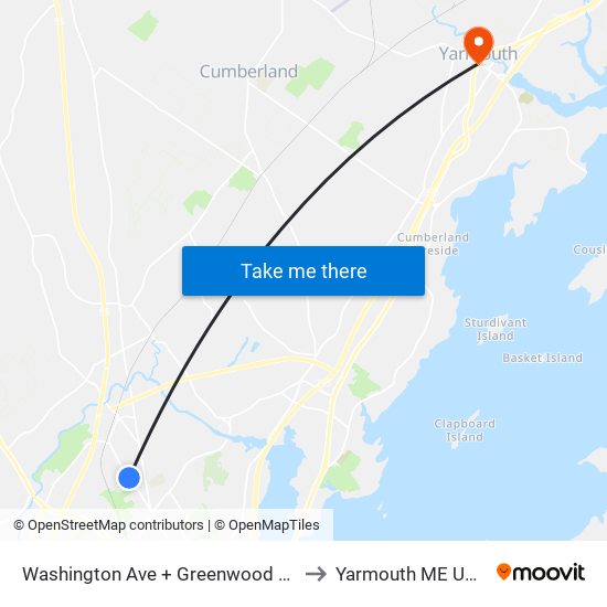 Washington Ave + Greenwood Ln to Yarmouth ME USA map