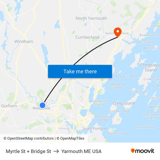 Myrtle St + Bridge St to Yarmouth ME USA map