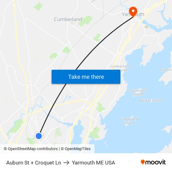 Auburn St + Croquet Ln to Yarmouth ME USA map