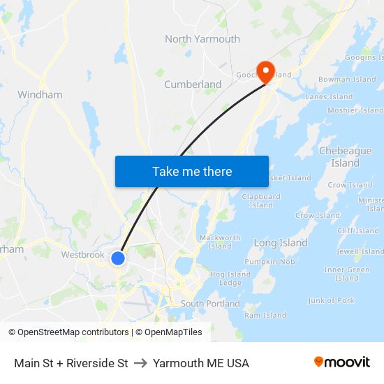 Main St + Riverside St to Yarmouth ME USA map