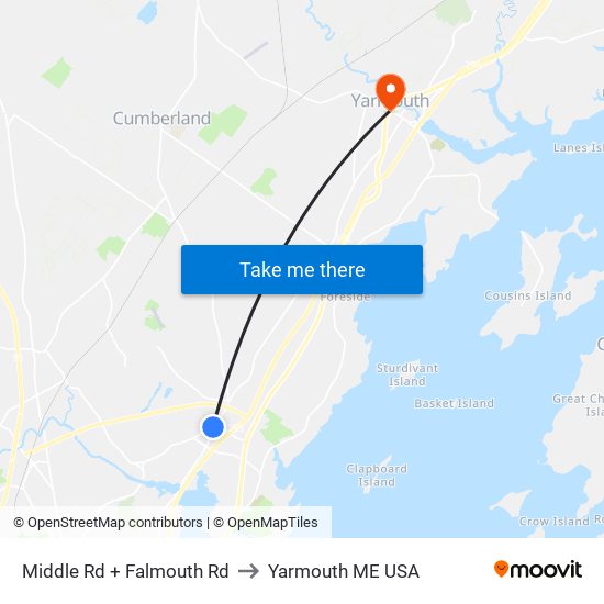 Middle Rd + Falmouth Rd to Yarmouth ME USA map