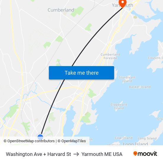 Washington Ave + Harvard St to Yarmouth ME USA map