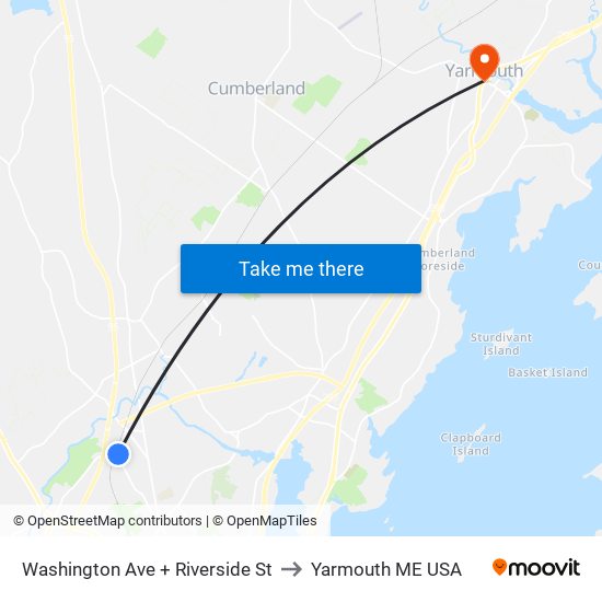Washington Ave + Riverside St to Yarmouth ME USA map