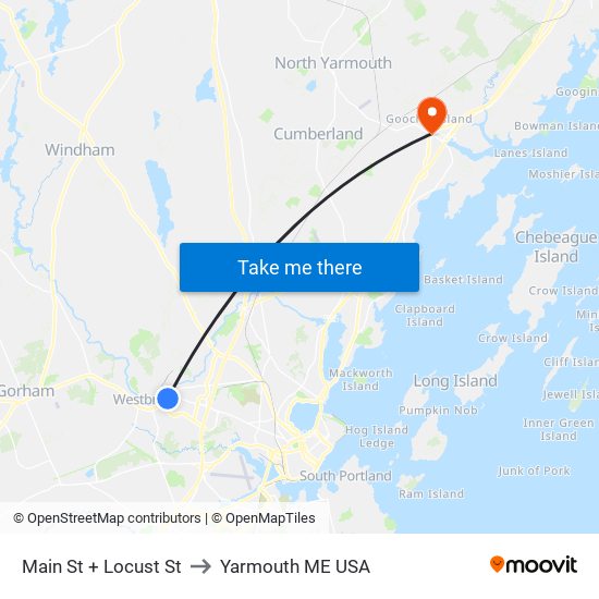 Main St + Locust St to Yarmouth ME USA map