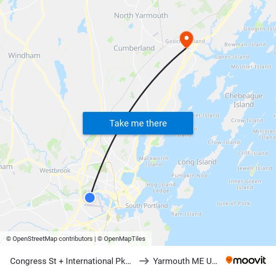 Congress St + International Pkwy to Yarmouth ME USA map